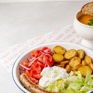 Бизнес-ланч: Сырный суп + куриная колбаска с бэби-картофелем